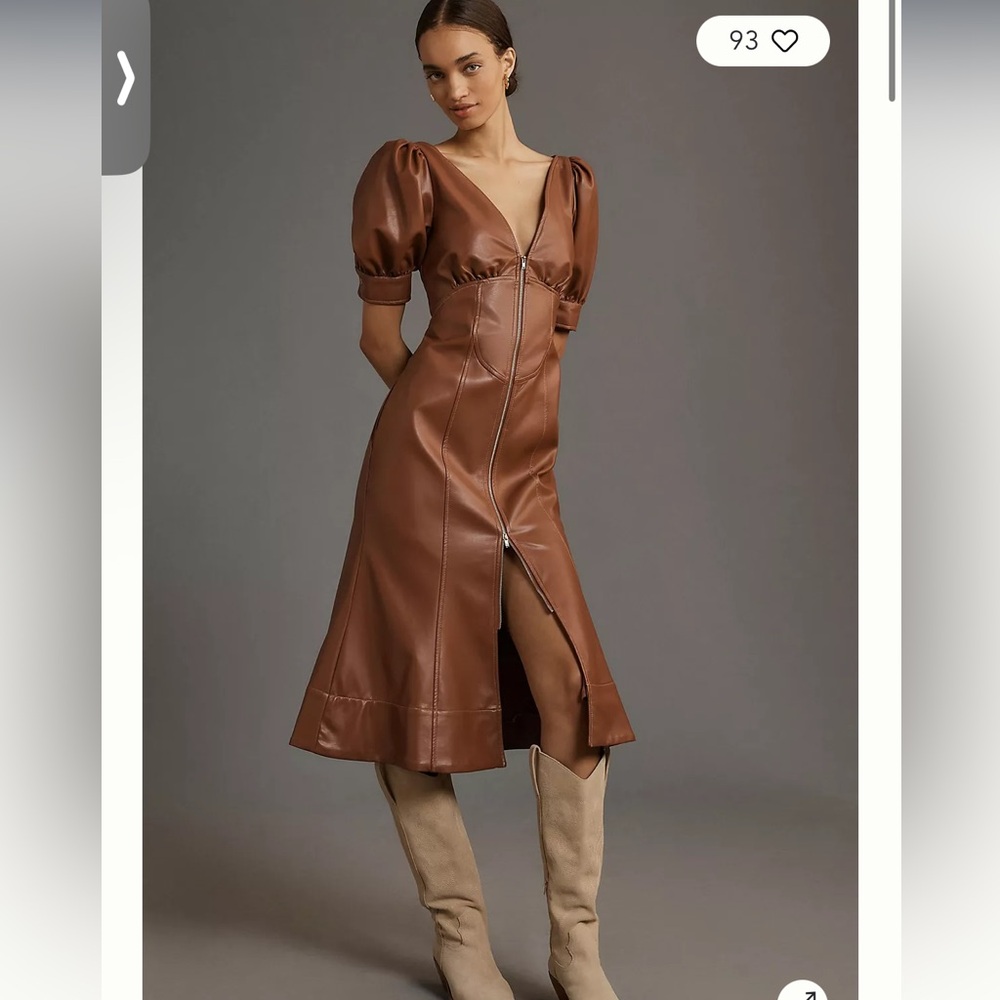 Vegan Leather Puff-Sleeve Zip-Front Midi Dress